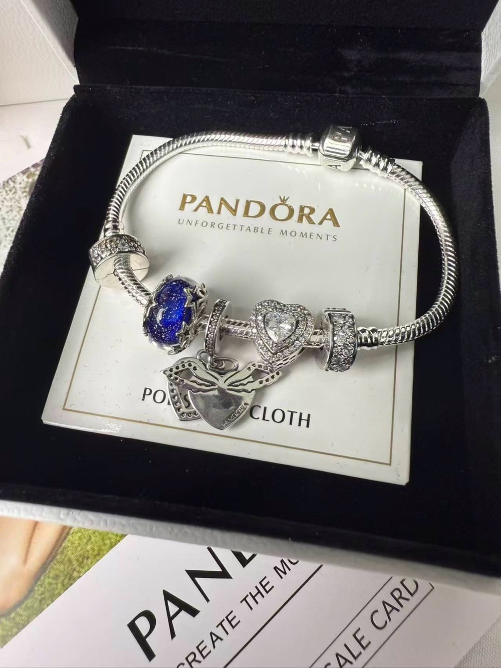 Pandora Sterling Silver Bracelet with Blue Glass & Clear Heart Charms